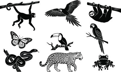 Tropical jungle animals vector silhouette collection featuring detailed jaguar monkey parrots toucan sloth and snake isolated on white background. © Nayan