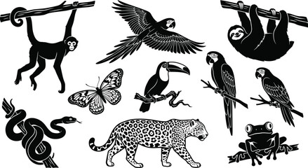 Tropical rainforest animals silhouette vector collection featuring leopard monkey parrots toucan sloth and snake isolated on white background. © Nayan