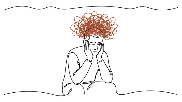 continuous line art A person with a confused expression and disheveled hair.