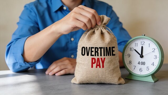 A person holding a money bag labeled OVERTIME PAY next to a clock on a desk in an office.