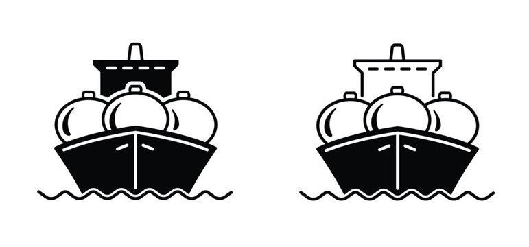Cartoon gas tankers or cargo ships for gas. LNG, Liquified Natural Gas. Gas terminal gas tanks for storage. Petroleum chemical or methane freighter export, import transportation. Oil crude gas tanker 