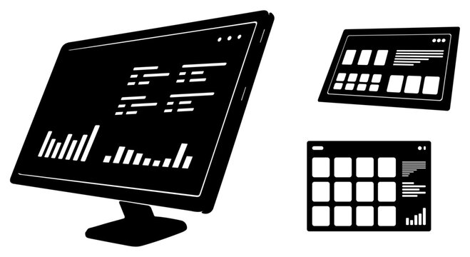 Vector illustration of computer screens with graphs and charts, flat design