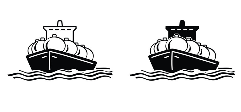 Cartoon gas tankers or cargo ships for gas. LNG, Liquified Natural Gas. Gas terminal gas tanks for storage. Petroleum chemical or methane freighter export, import transportation. Oil crude gas tanker 