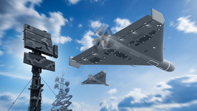 Military drones patrol airspace near radar installation under blue sky.