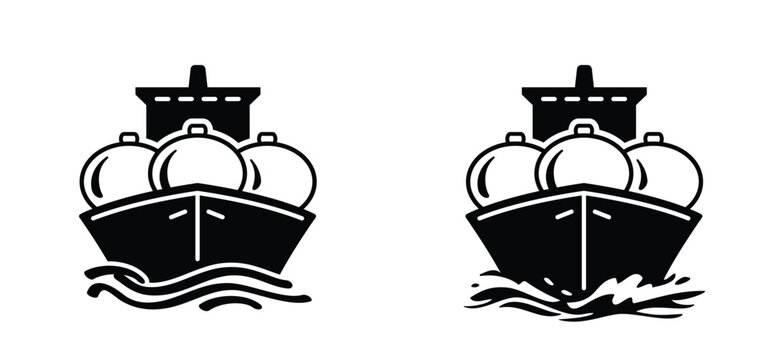 Cartoon gas tankers or cargo ships for gas. LNG, Liquified Natural Gas. Gas terminal gas tanks for storage. Petroleum chemical or methane freighter export, import transportation. Oil crude gas tanker 