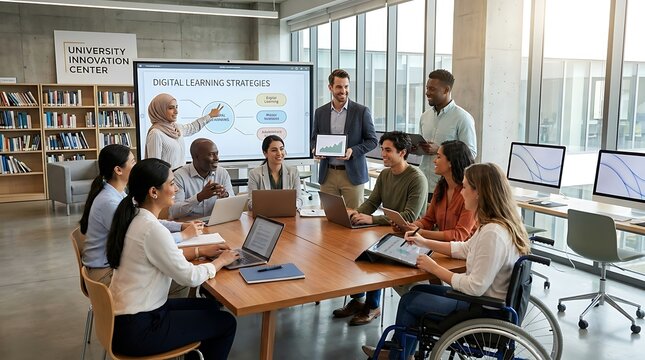 Diverse team collaborating in a modern office meeting room with digital whiteboard presentation