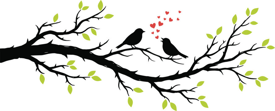 Romantic silhouette vector illustration of two lovebirds chirping on a tree branch with hearts and green leaves.
