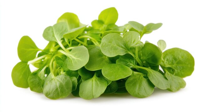 Fresh pile of vibrant green leaves, likely edible greens, isolated on a clean white background