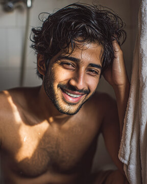 A smiling young man with wet hair and a towel beside him, sitting in a warmly lit bathroom.