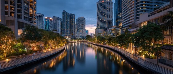 Fototapeta premium Cityscape view with waterway and modern buildings