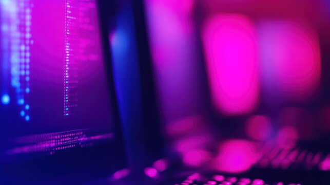 Abstract tech-focused image featuring a computer screen with code, blurred colors of magenta and blue