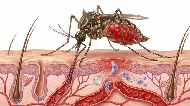 Medical of a mosquito biting human skin with red cells and parasites visible generated using ai