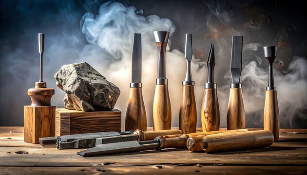 Collection of woodworking chisels and carving tools arranged on a rustic wooden surface, with smoke and dramatic lighting creating an atmospheric workshop scene