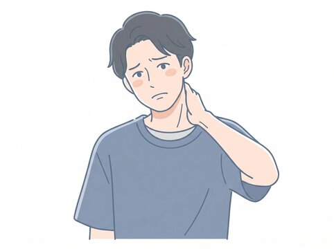 首のコリに悩む若い男性のイラスト：辛そうな表情で首をさする20代・30代の不調イメージ