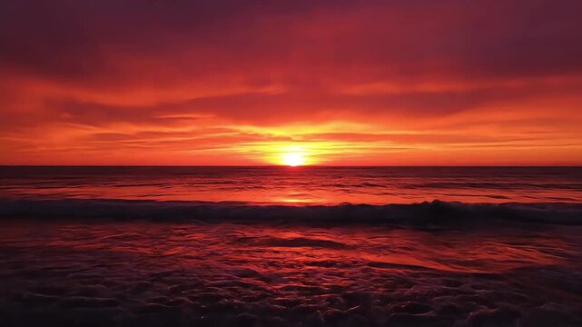 Fiery ocean sunset paints the sky with vibrant hues and calm waves.