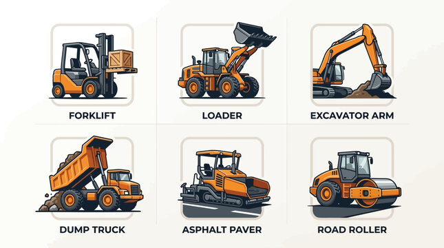 Heavy Construction Machinery Vector Icon Set featuring Forklift, Loader, Excavator, Dump Truck, Asphalt Paver, and Road Roller Illustrations
