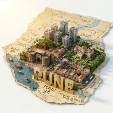 3D isometric map illustration of Pune, Maharashtra, India