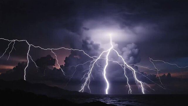 Intense lightning bolts striking the dark ocean water at night with dramatic clouds illuminated by powerful electrical discharges in this cinematic 4k video footage of a severe summer storm system