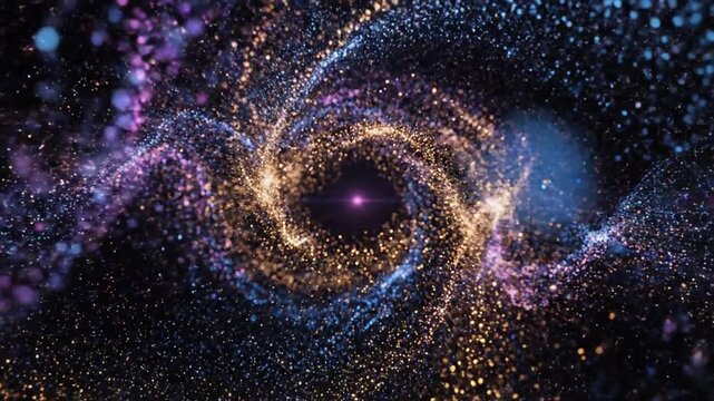 Swirling vortex of vibrant golden blue and purple particles creating a dynamic tunnel effect with a bright central light and scattered dust