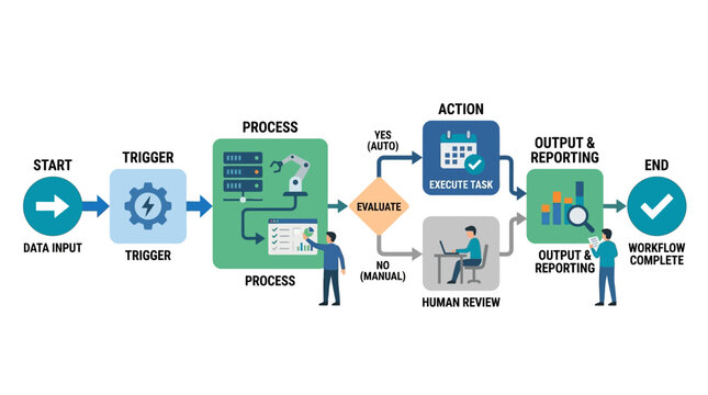 A clear infographic illustration showing an automated business workflow process with specific stages from data input to the final result