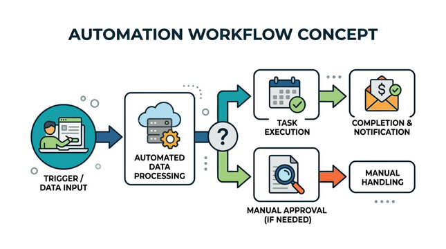 A detailed infographic illustration showing a complex business automation workflow process with various stages of data input and task execution