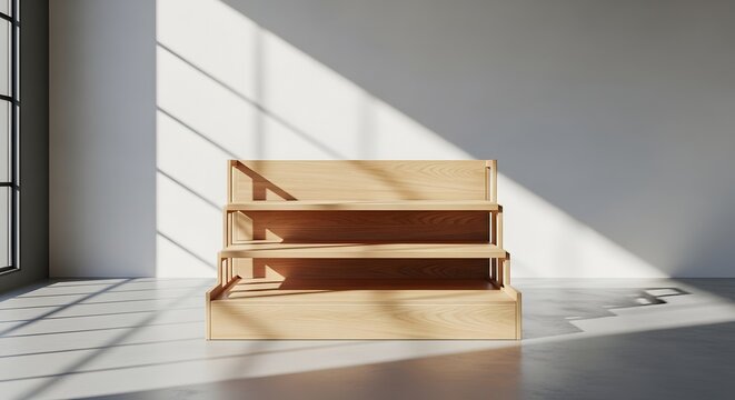 Wooden display shelves in a minimalist interior with natural lighting high quality professional
