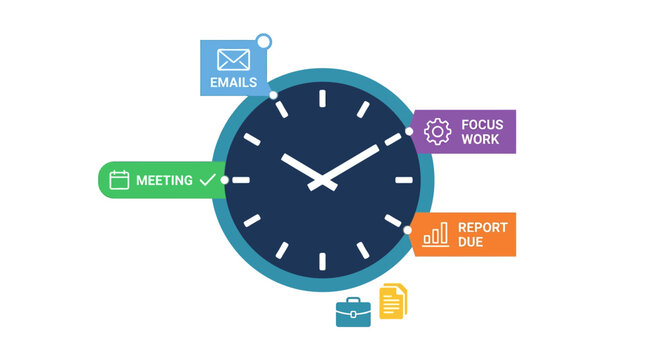 Colorful infographic clock illustration showing various daily professional tasks like managing emails meetings focus work and important monthly report deadlines