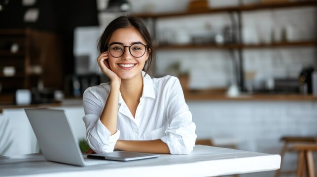 Young woman with glasses smiles warmly, working on a laptop at a light-filled table in a cafe