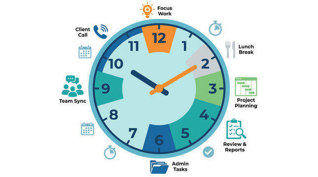 A colorful clock face illustration displays a daily productivity schedule with segmented time blocks for various professional office work tasks.