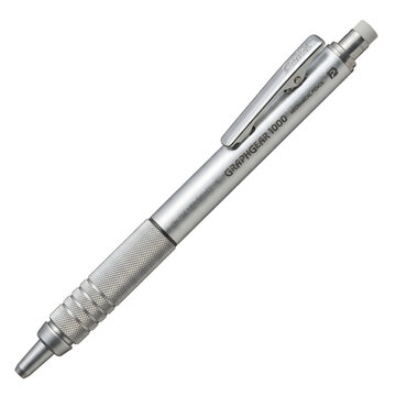 A professional Pentel GraphGear 1000 mechanical pencil with a silver metallic body and textured grip.