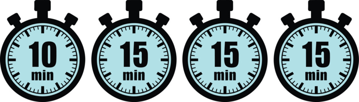 Set of four stopwatch icons showing ten and fifteen minute intervals in flat vector style for timing and countdown tasks.