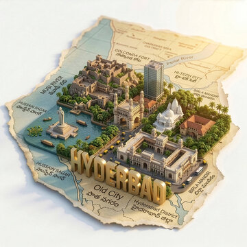 3D isometric map illustration of Hyderabad, Telangana, India
