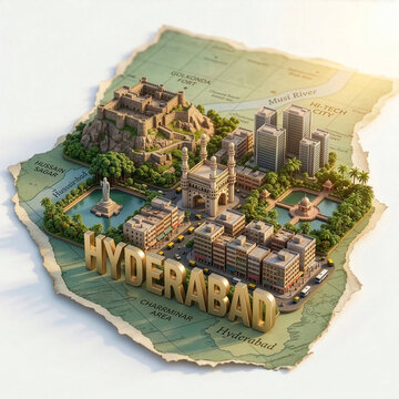 3D isometric map illustration of Hyderabad, Telangana, India