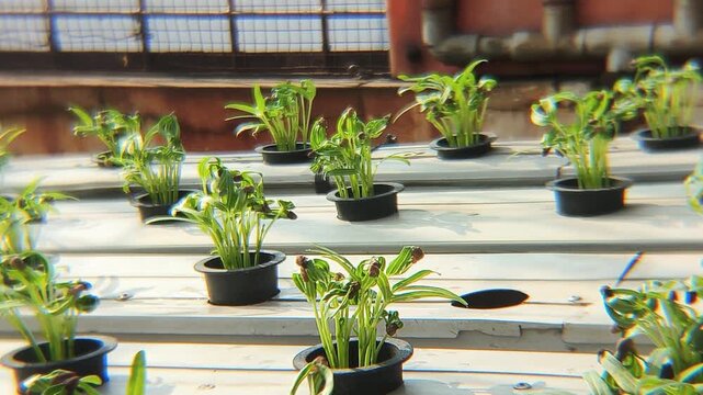 A man inserts a pot containing a young Ipomoea aquatica into a gutter hole in a hydroponic system. Commonly known as water spinach or kangkung, this plant is a semi-aquatic tropical plant.