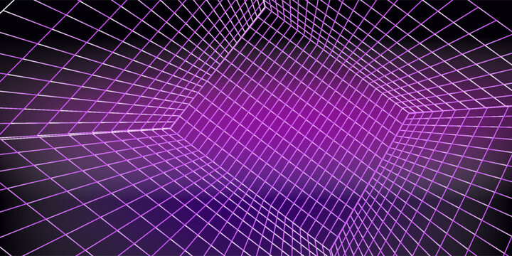 Glowing neon wireframe background. Purple shining checkered grid planes in perspective. Bright retro futuristic horizon wallpaper. Arcade game sci fi matrix surface. Vector backdrop for poster, banner