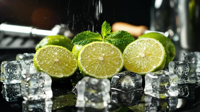 Fresh lime slices with ice cubes and mint sprig, a refreshing drink ingredient, water droplets