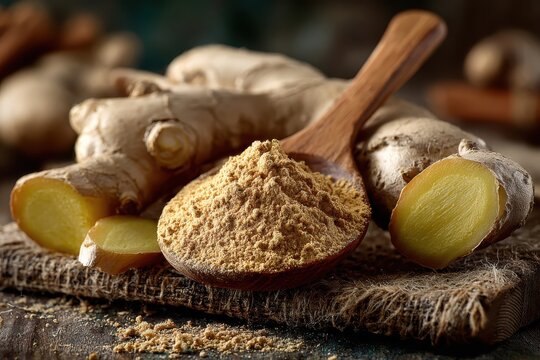 Fresh Ginger in Focus: An artful composition of fresh ginger rhizomes, finely ground ginger powder artfully displayed on a rustic wooden spoon. capturing the natural spice's textures and aromas.