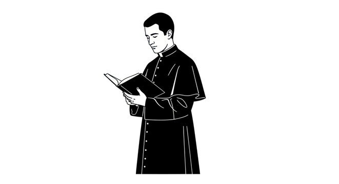 Illustration of a young Catholic priest reading a holy bible.