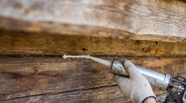 Hantaviruse worker sealing gaps between old wooden logs with a caulking gun for insulation
