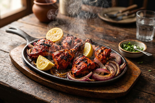 Indian Tandoori Chicken on Sizzler Plate with Lemon