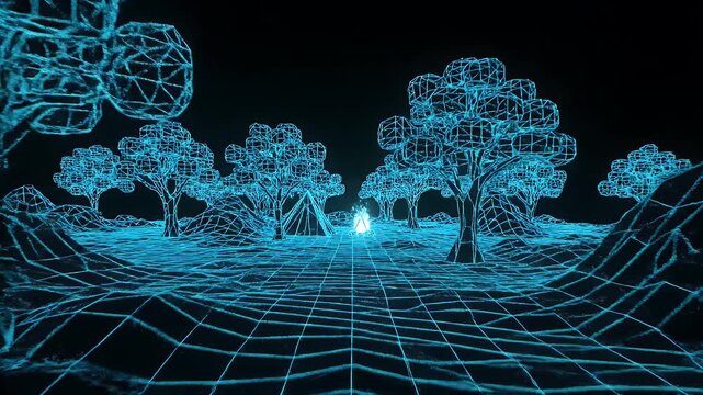 digital wireframe camping scene with a glowing campfire and trees in blue neon grids