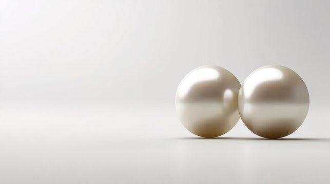 Two luminous, lustrous, round spheres, likely pearls, sit against a smooth, bright, neutral backdrop