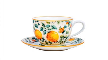 Fototapeta premium Painted teacup and saucer with orange fruit and floral design, isolated on white
