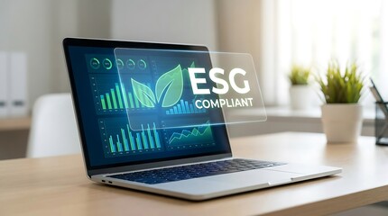 Fototapeta premium Laptop displays ESG compliant graph on screen in office environment