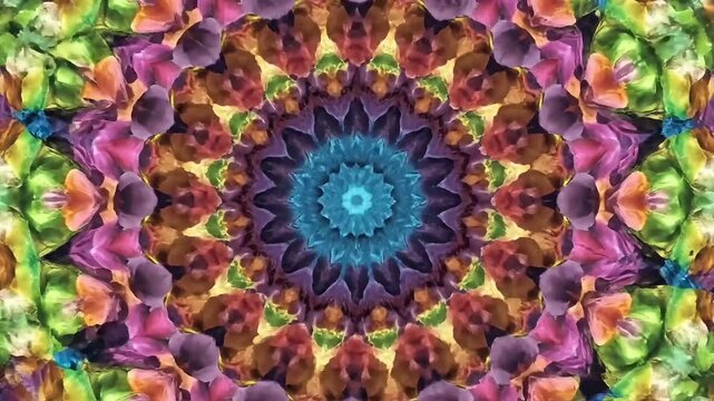 Vibrant, intricate mandala pattern bursting with colorful, organic shapes and textures