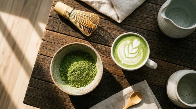 Matcha powder in bowl latte in cup bamboo whisk and ceramic pitcher on wooden table green