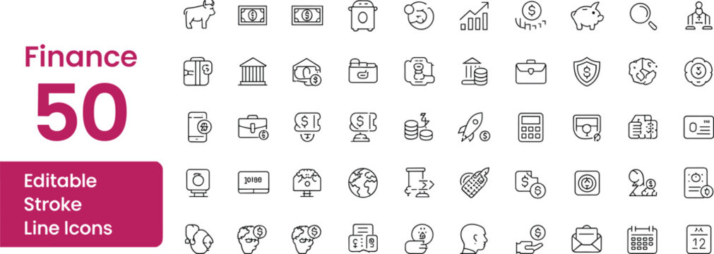 Finance 50 Editable Stroke Line Icons Set Keywords: finance, money, banking, investment, economy, business, trading, currency, cash, coins, piggy bank, wallet, credit