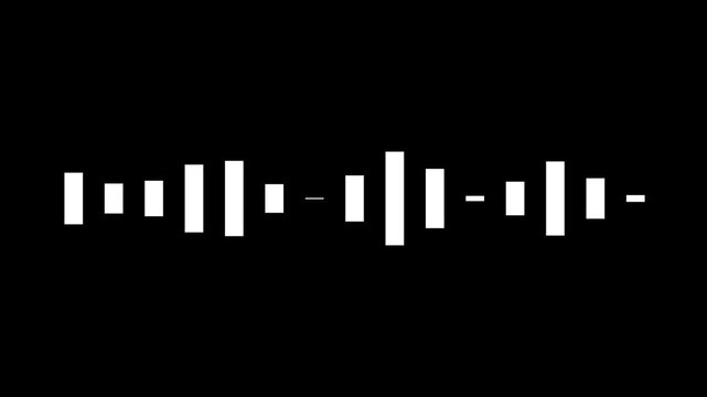 Minimalist sound wave pattern with white striped waveform bars on a black background. Abstract concept of audio signals, music tracks, recording, or voice recognition