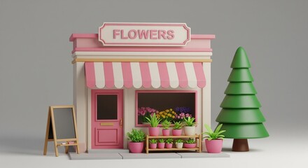 Obraz premium 3D Render of a Cute Flower Shop Storefront with Potted Plants and Chalkboard Sign for Retail Design