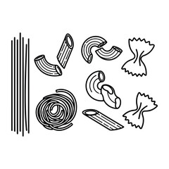 Fototapeta premium Set of assorted Italian pasta shapes outline icons for culinary design and restaurant menu illustrations or food blog graphics
